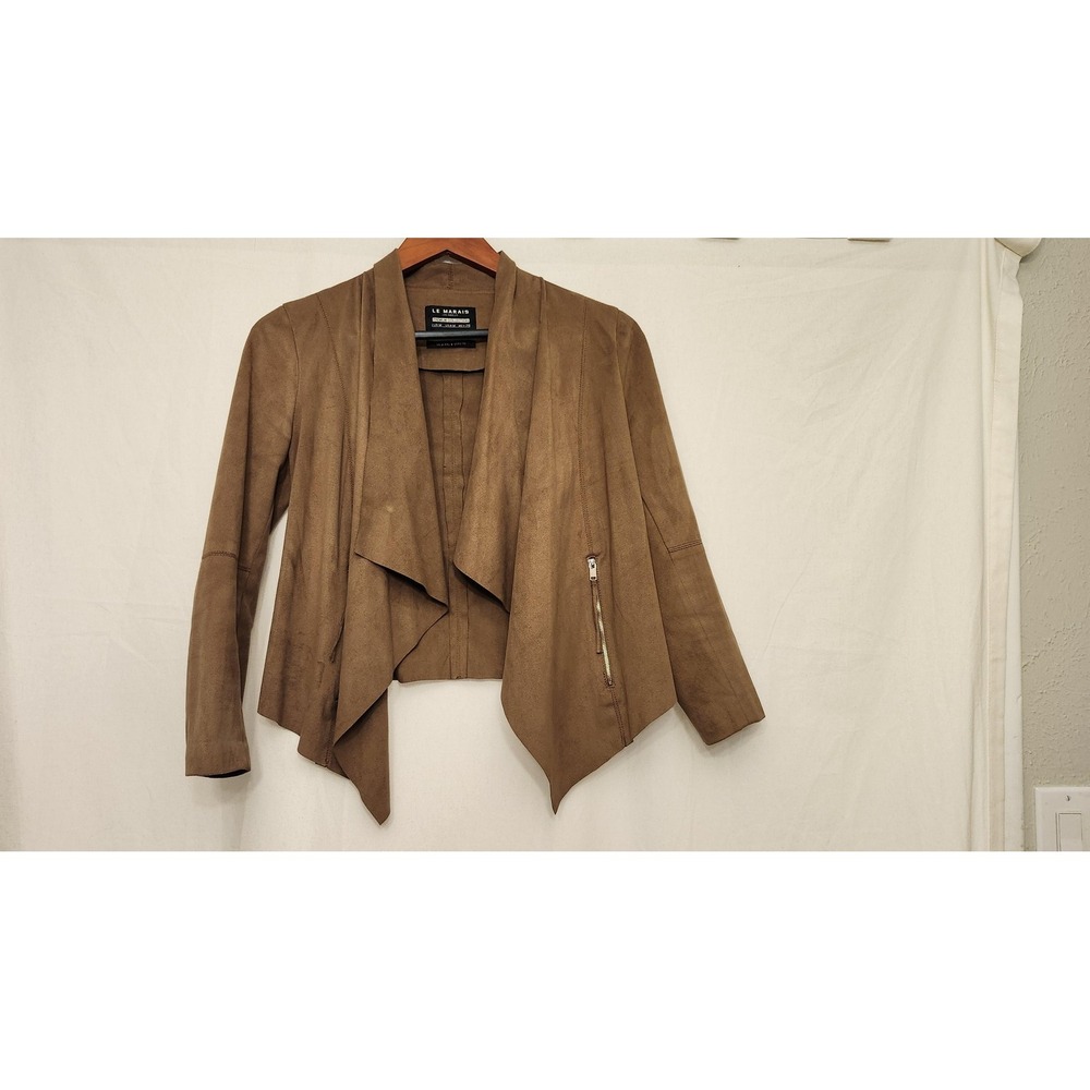 Le Marais Jacket Womens‎ Medium Brown Faux Suede Waterfall Open Front Draped